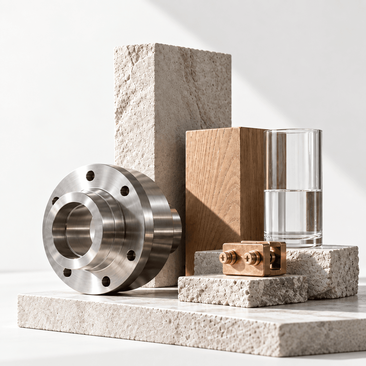 An arrangement of stone and precision metal with warm natural materials