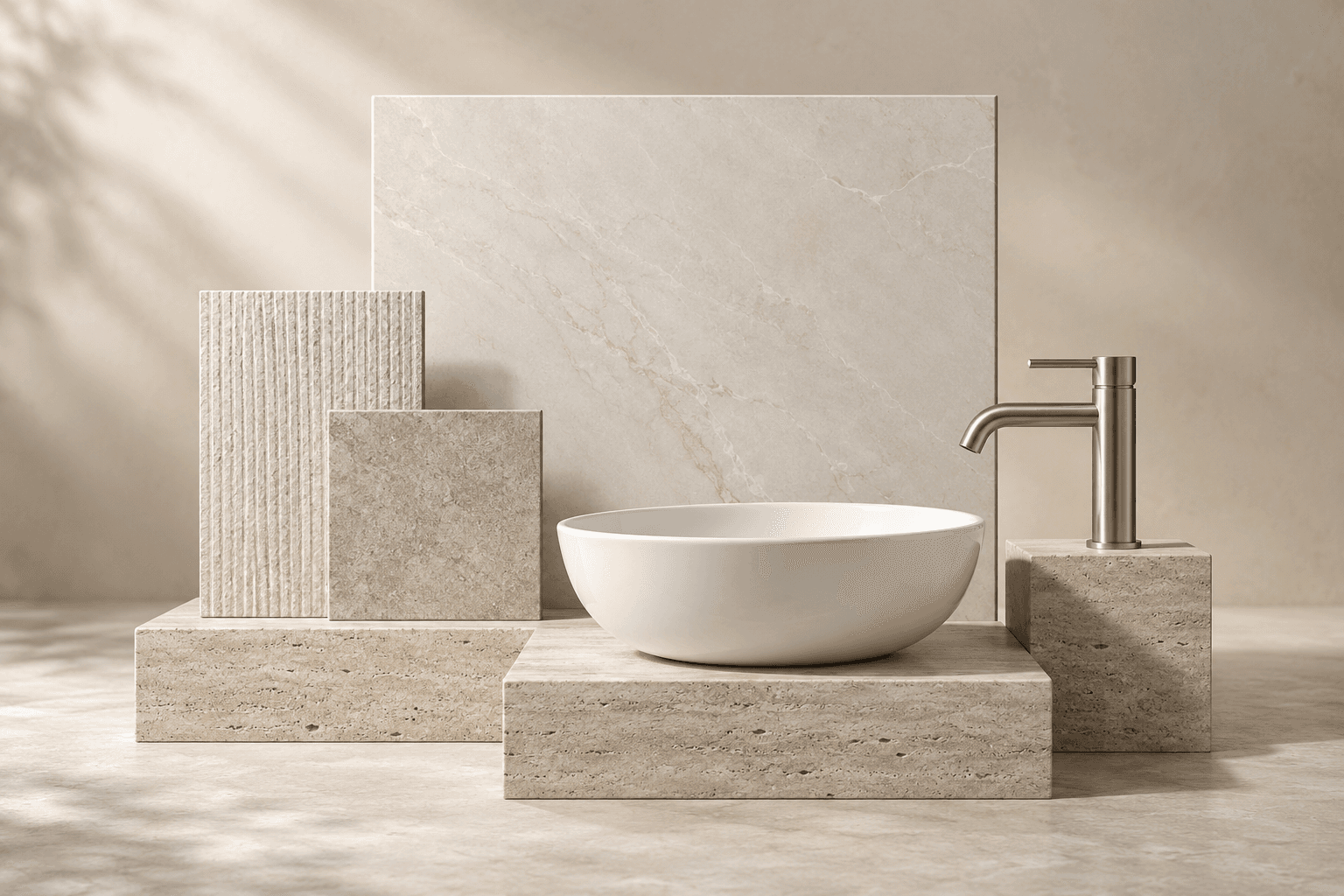 Illustrative tiles, ceramic basin and chrome tap on stone plinths