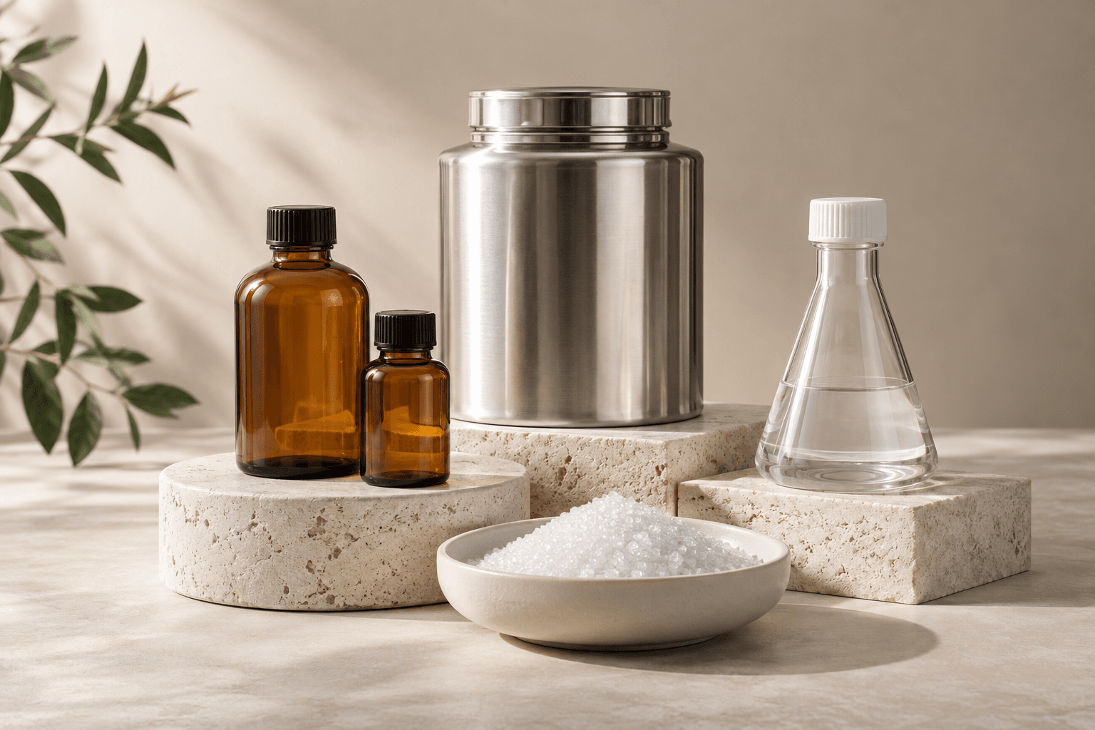Illustrative sealed sample bottles, steel canister, flask and white granules