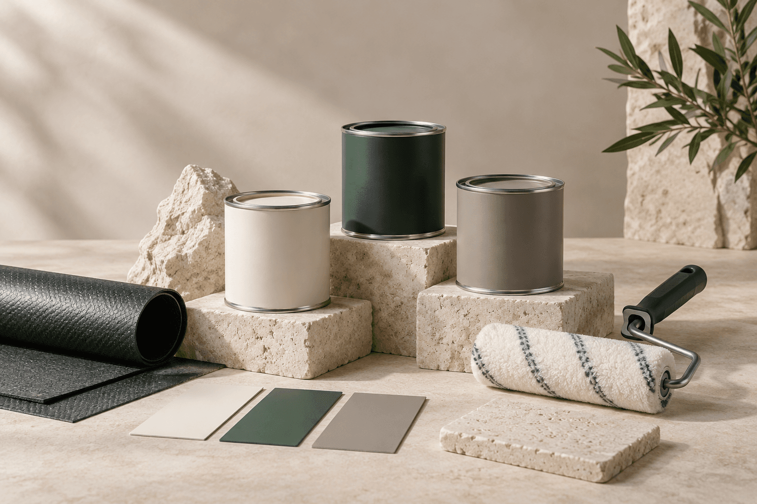 Illustrative paint tins, coating samples, roller and waterproof membrane