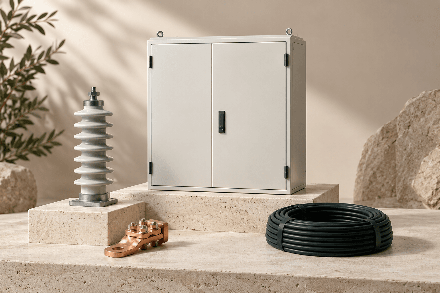 Illustrative electrical cabinet, porcelain insulator, copper connector and cable