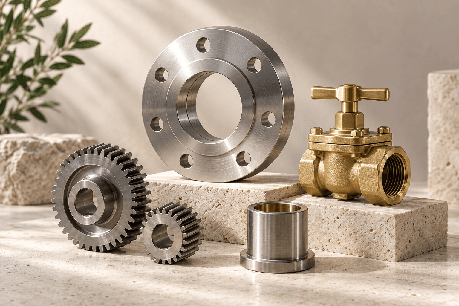 Illustrative steel flange, brass valve, gears and machined bushing