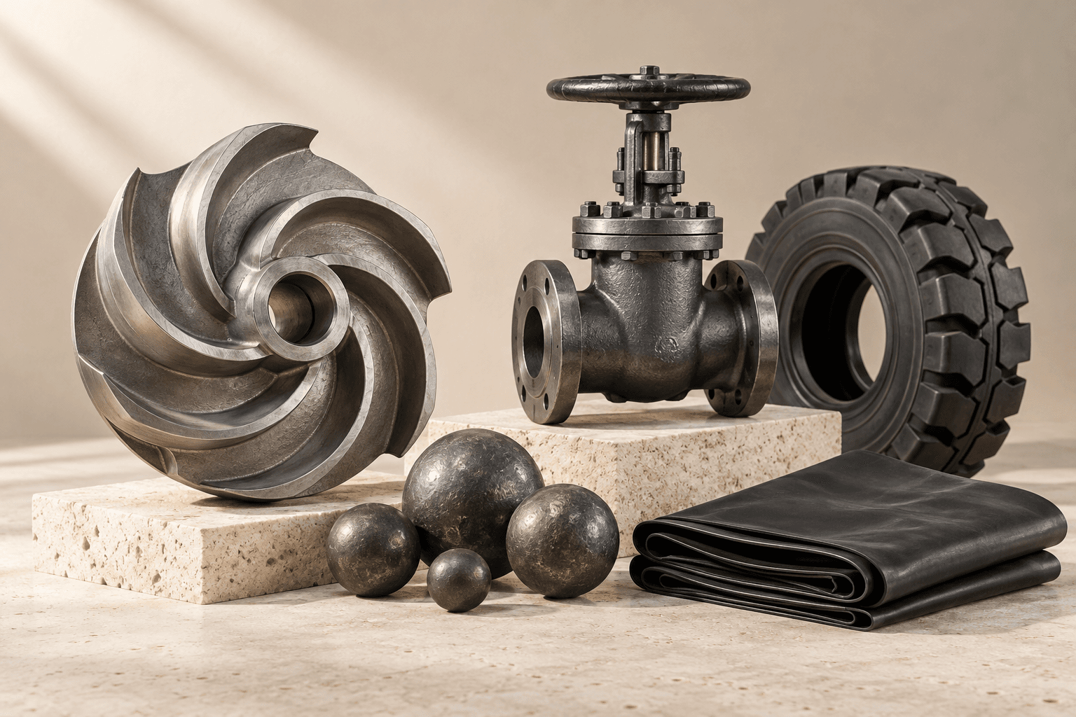Illustrative pump impeller, valve, grinding balls, industrial tyre and geomembrane