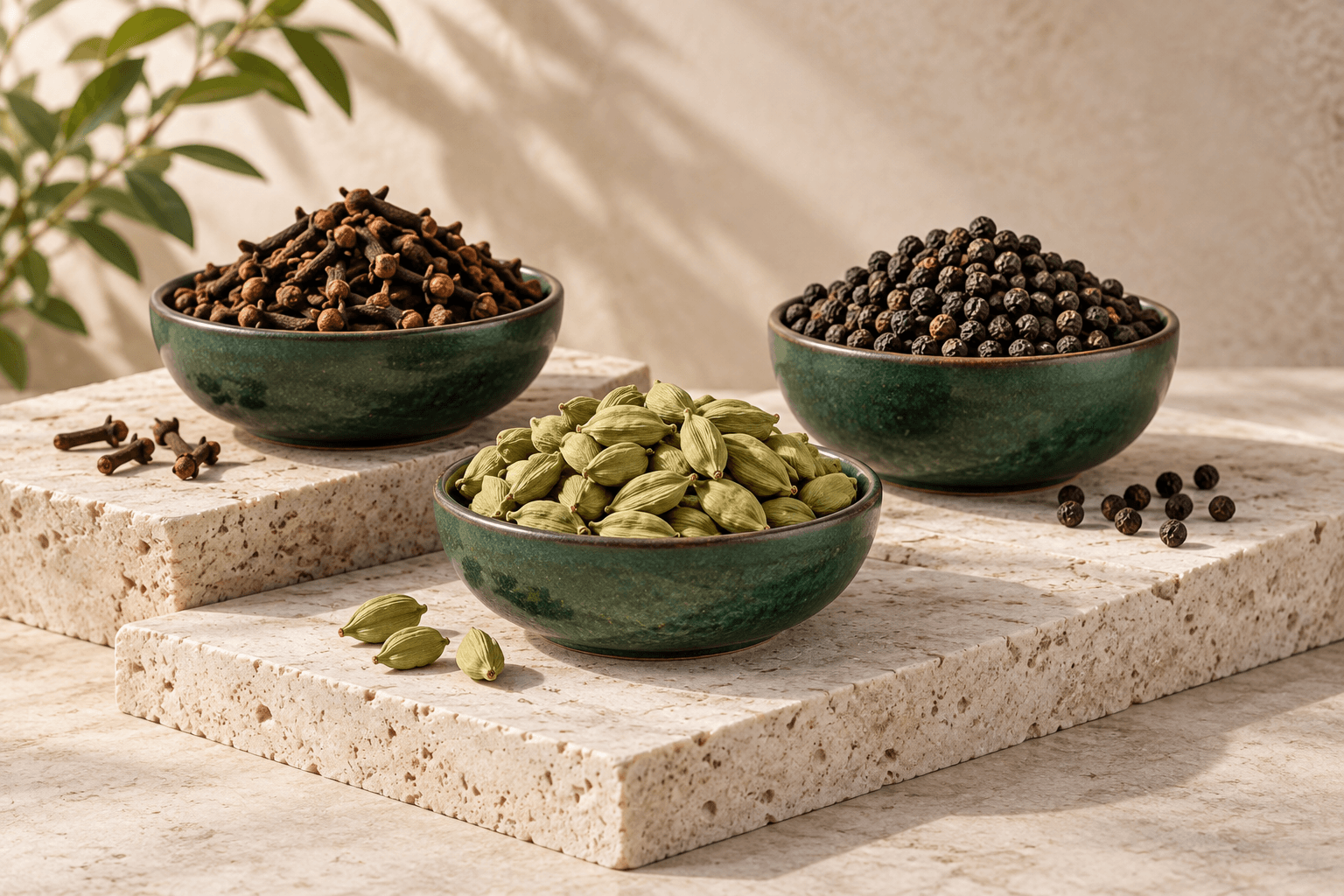Illustrative bowls of cardamom, cloves and black pepper on pale stone
