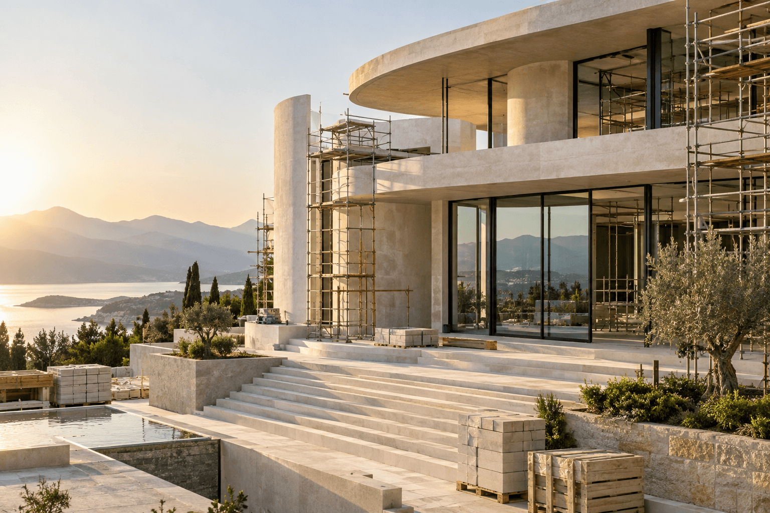Illustrative contemporary building undergoing finishing construction