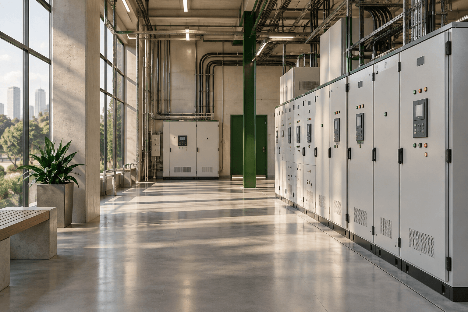 Illustrative electrical facility with closed switchgear cabinets