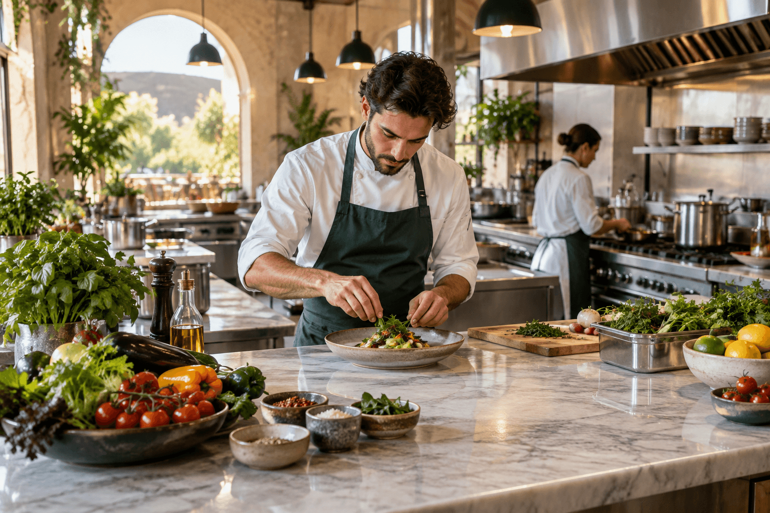 Illustrative restaurant kitchen with chefs, fresh ingredients and equipment