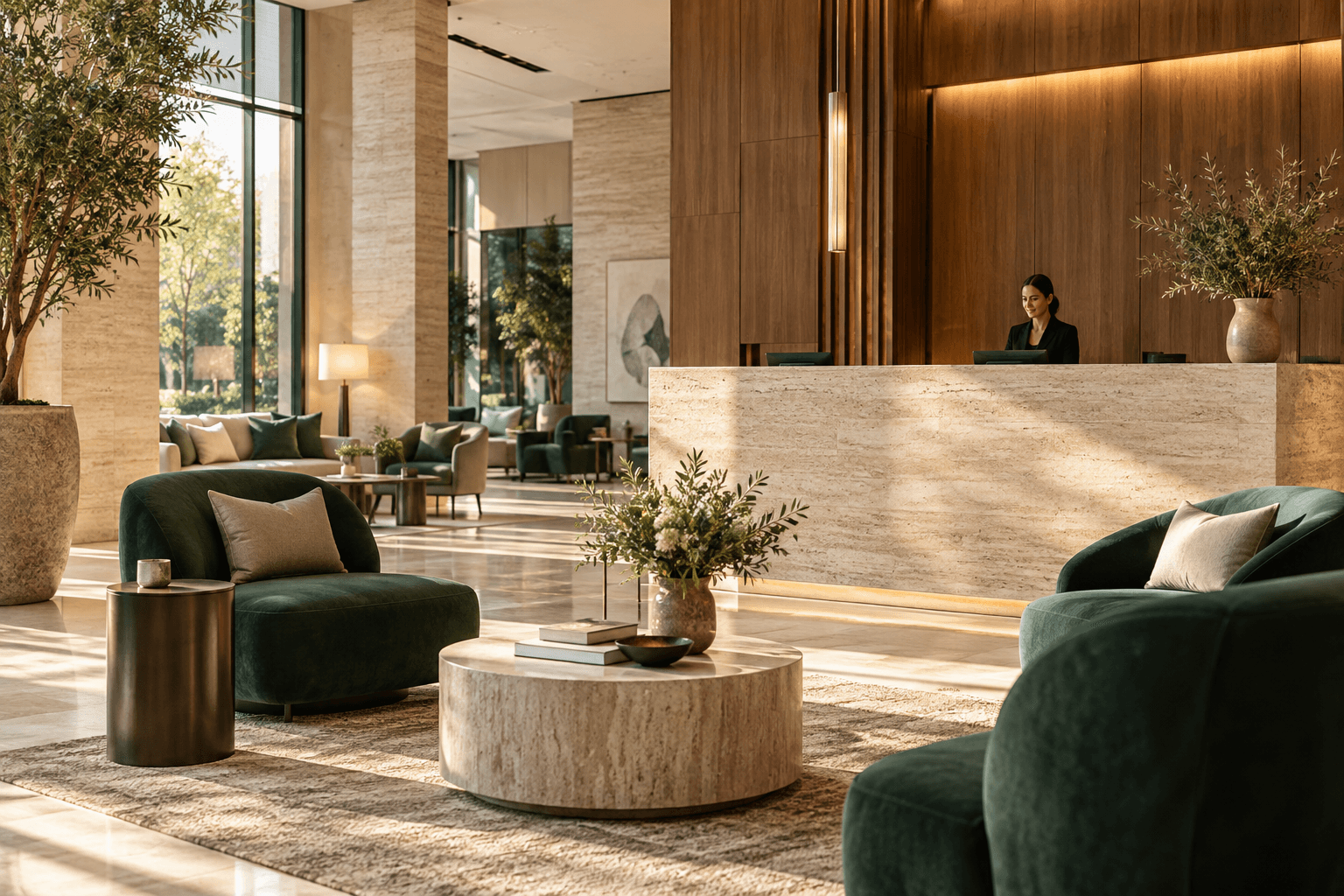 Illustrative hotel lounge with stone reception and emerald seating