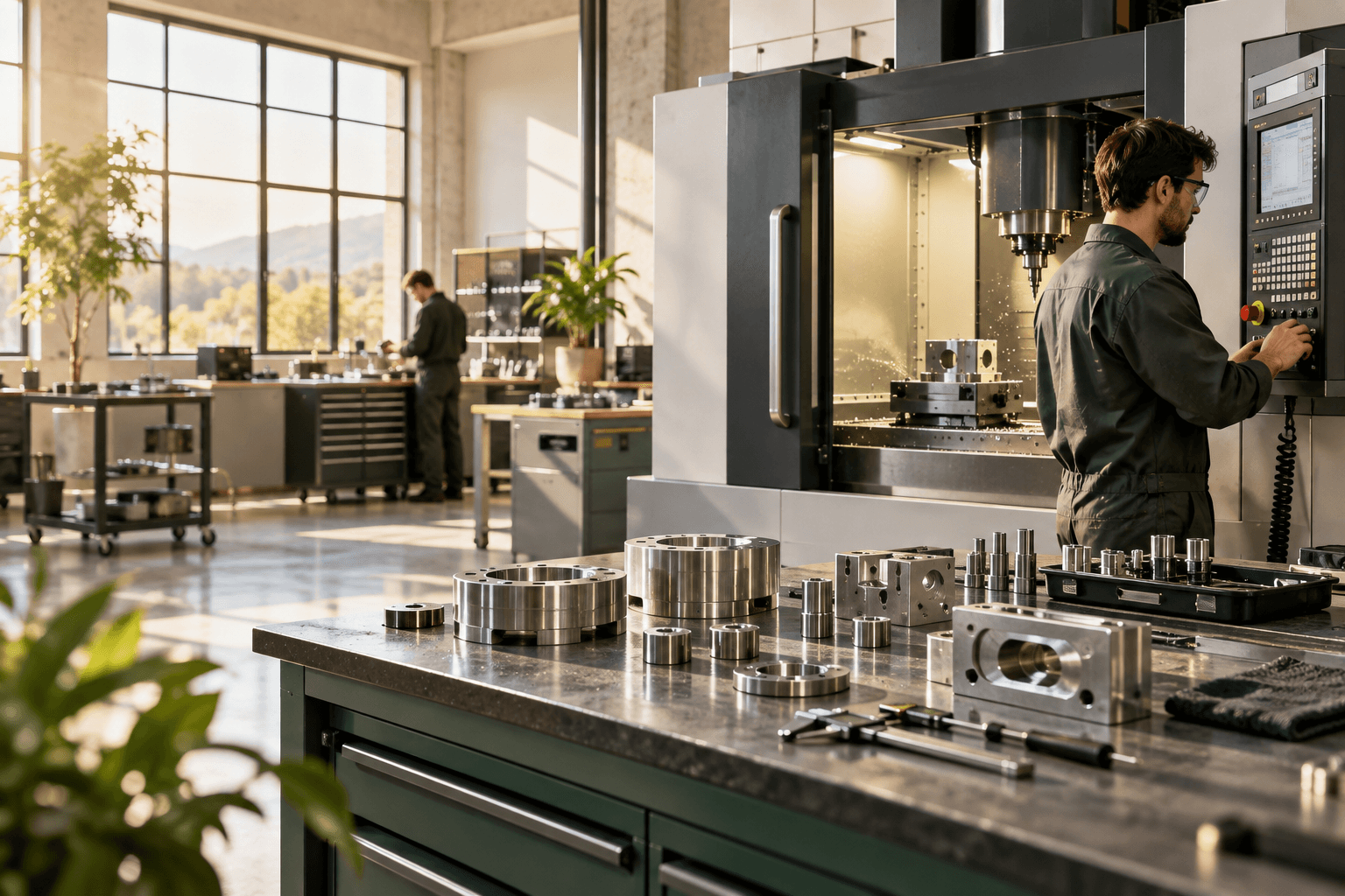 Illustrative precision workshop with machining equipment and metal components